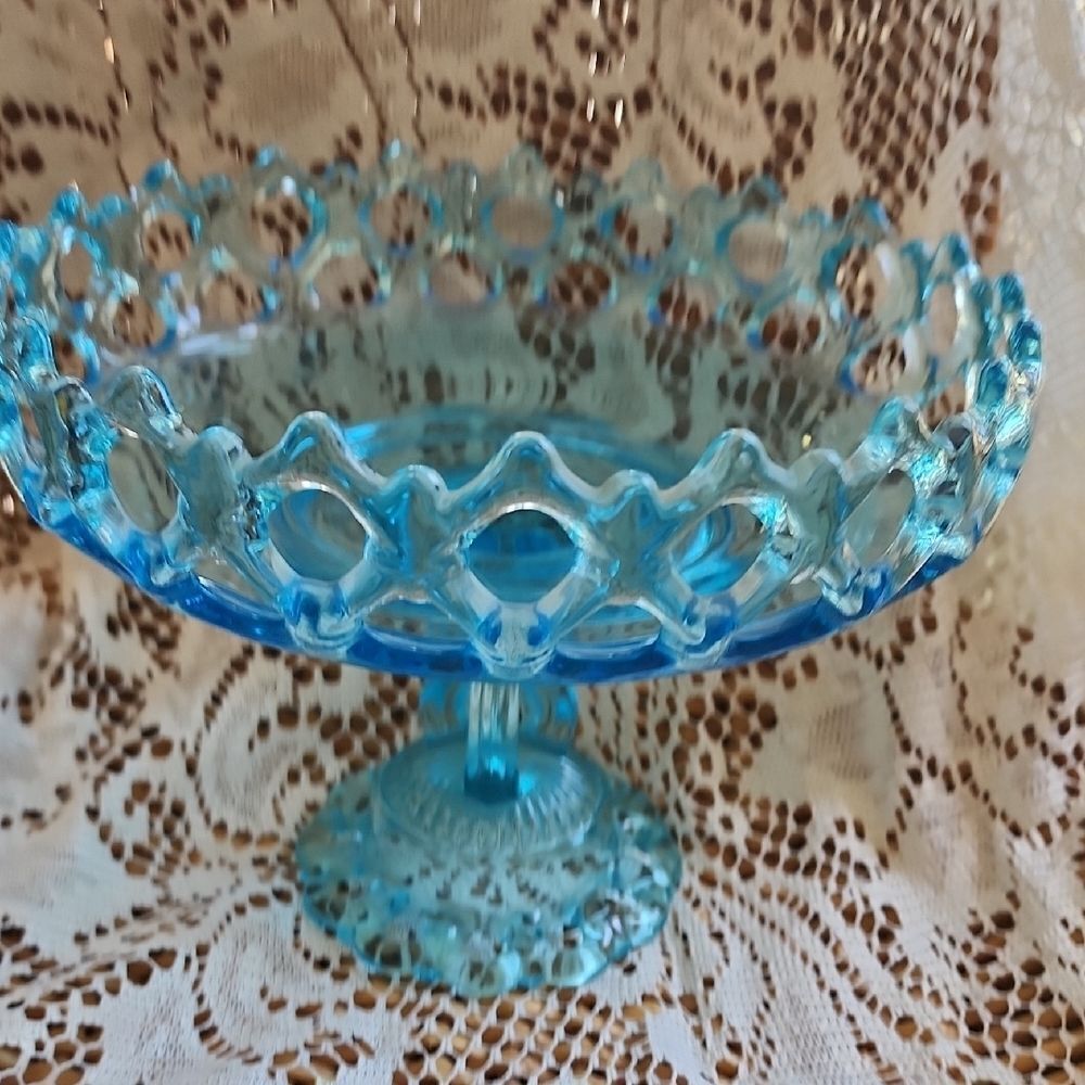 Westmoreland Ice Blue Glass Art Doric Lace Pedestal Dish Cool Blue